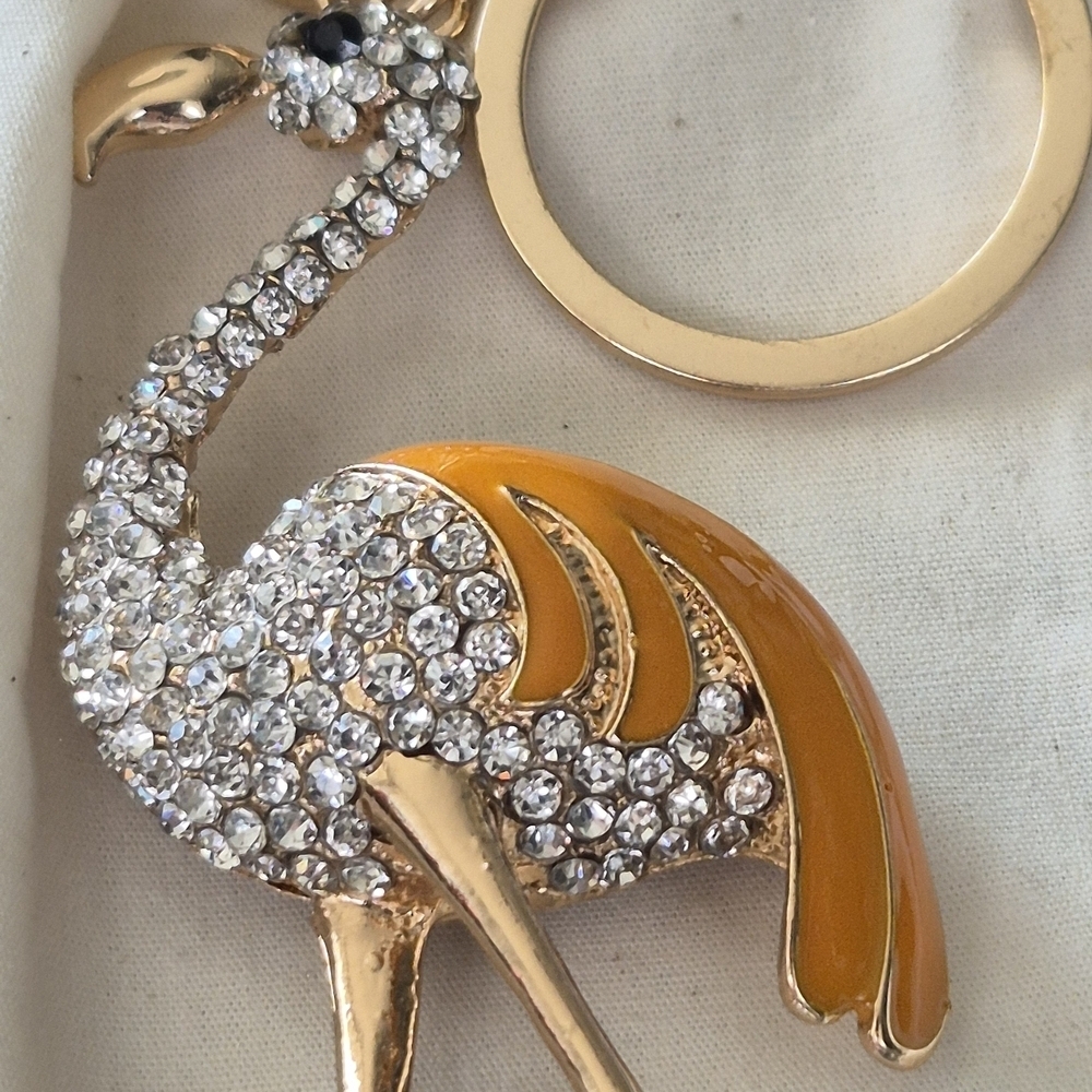 Gold And Caramel .Flamingo Keychain / Purse Charm Encrusted With Rhisnestones - Picture 3 of 7